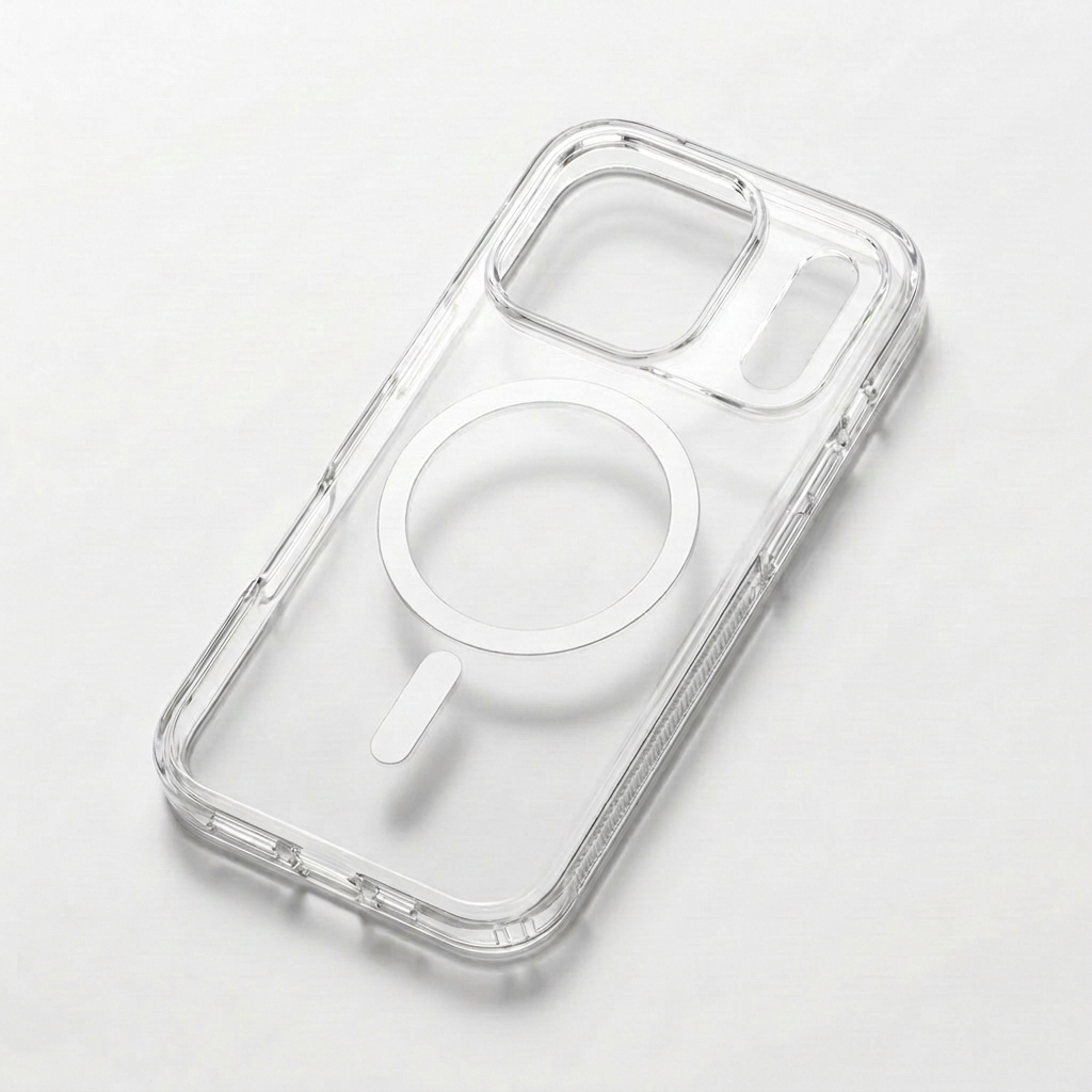 Clear phone case lying diagonally on a white surface, with a silver ring and bar visible through its back and two openings across the camera area.
