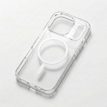 Clear phone case lying diagonally on a white surface, with a silver ring and bar visible through its back and two openings across the camera area.