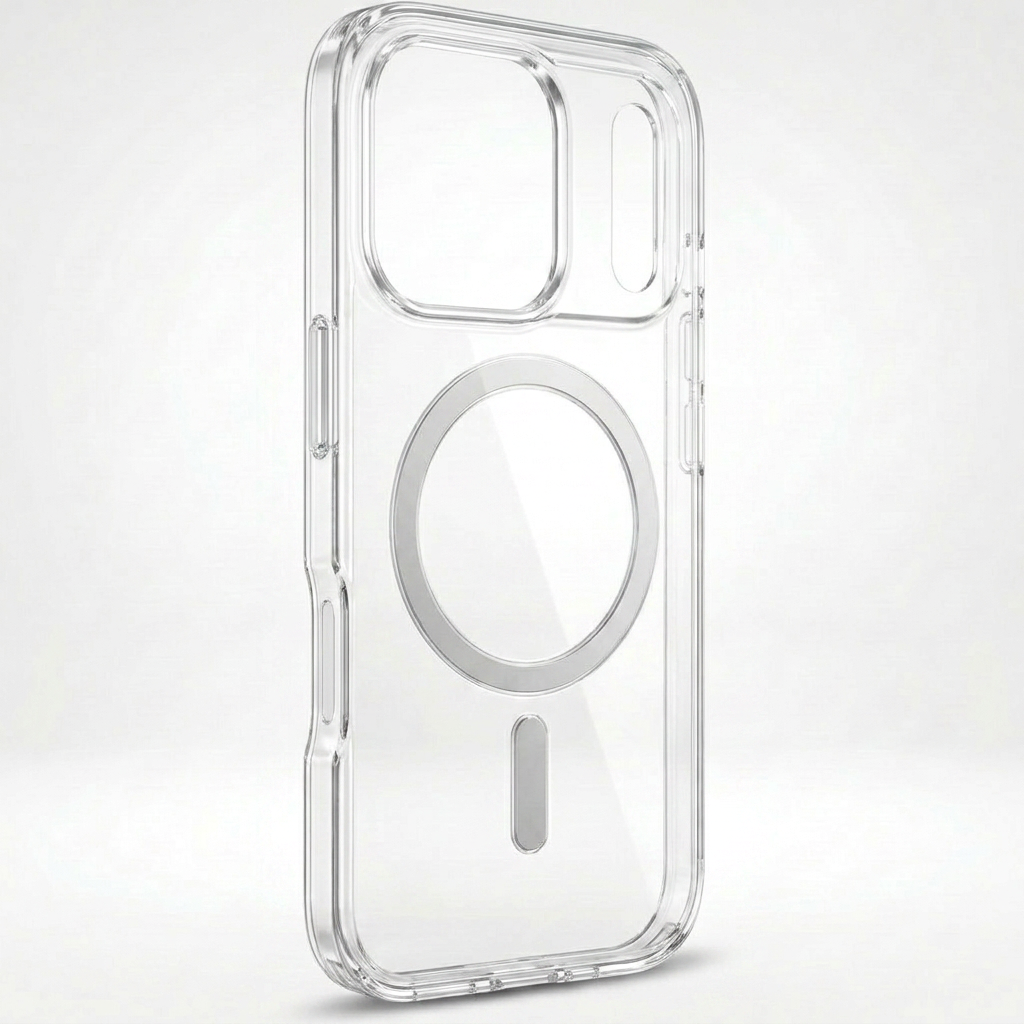 Upright clear phone case viewed from an angle, showing its thin transparent sides, raised camera border and silver ring on the back.