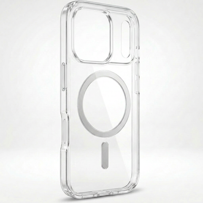 Upright clear phone case viewed from an angle, showing its thin transparent sides, raised camera border and silver ring on the back.