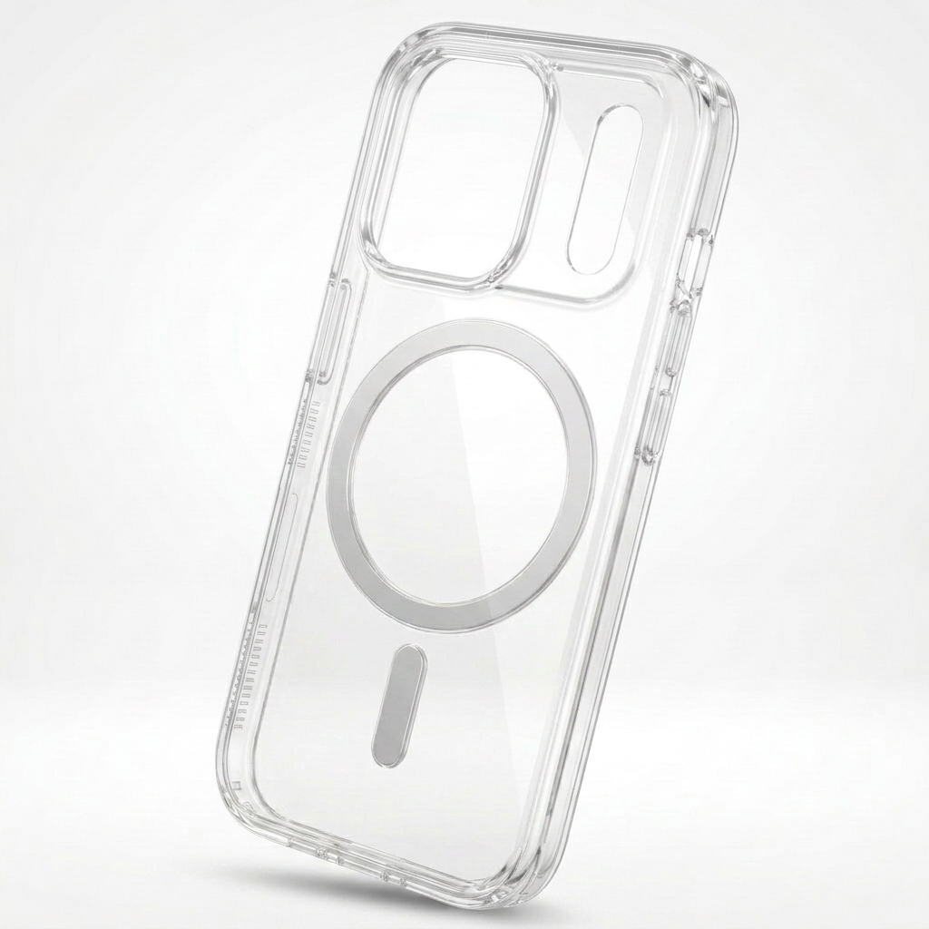 Clear phone case tilted to reveal the side buttons, large camera opening, silver circular ring and short vertical bar.