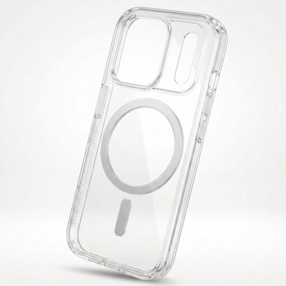 Clear phone case tilted to reveal the side buttons, large camera opening, silver circular ring and short vertical bar.