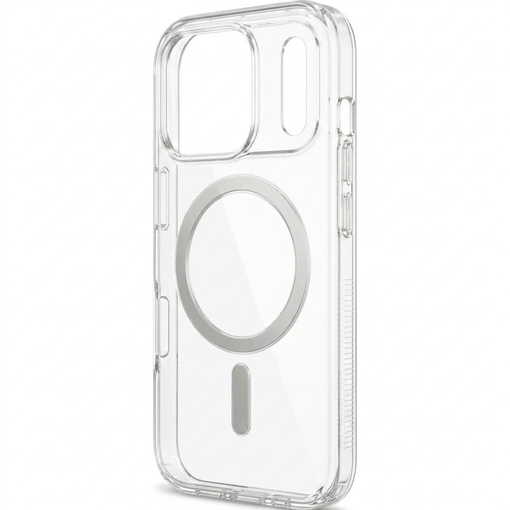 Clear phone case standing upright at an angle, with a silver circular ring and short bar on the back, a large camera opening and transparent side buttons.