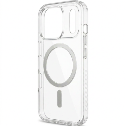 Clear phone case standing upright at an angle, with a silver circular ring and short bar on the back, a large camera opening and transparent side buttons.