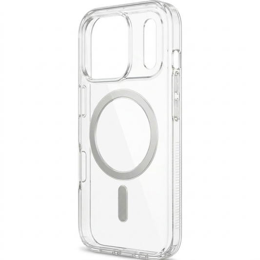 Clear phone case standing upright at an angle, with a silver circular ring and short bar on the back, a large camera opening and transparent side buttons.