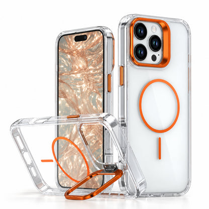 Image of iphone 18 magsafe magnetic clear case, showing clearorange accentedphonecasetrio.