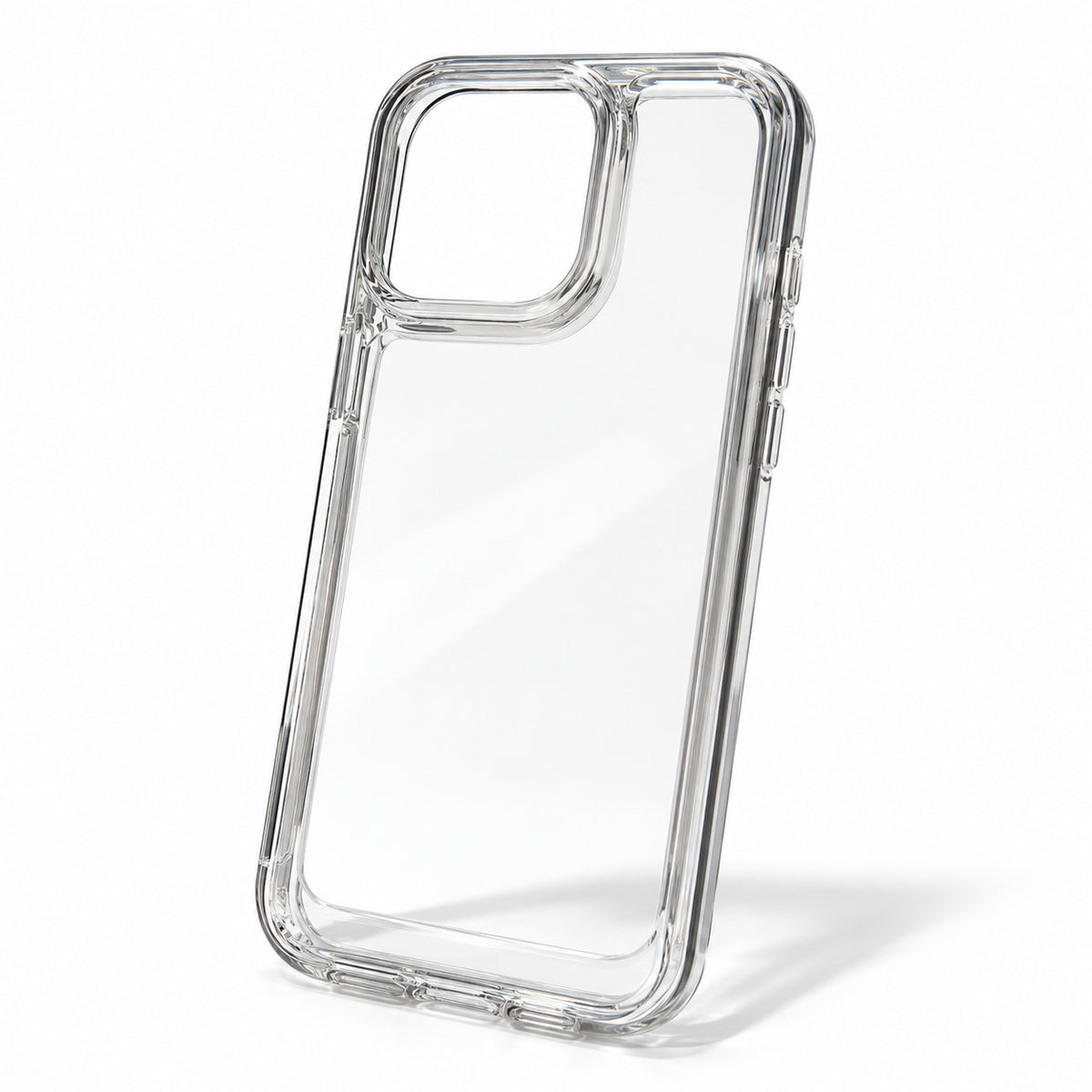 A clear, transparent protective phone case with a raised camera bumper, shown standing upright on a white background with a soft shadow.