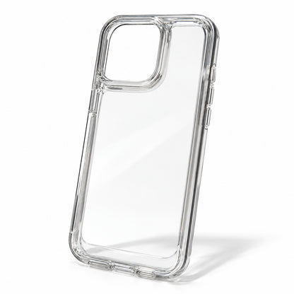 A clear, transparent protective phone case with a raised camera bumper, shown standing upright on a white background with a soft shadow.