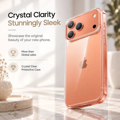 A clear protective phone case shown on a rose-gold iPhone, standing on a marble surface with promotional text on the left. The case is transparent and designed to showcase the phone's beauty.