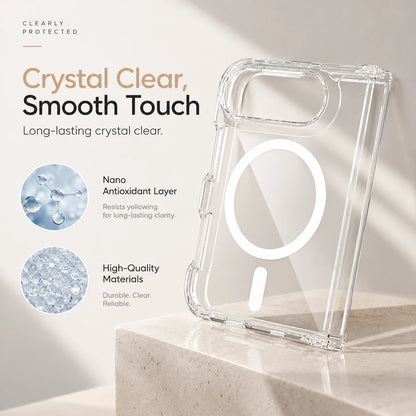 A clear phone case with a circular MagSafe ring, shown standing on a light stone surface. The image includes marketing text reading 'Crystal Clear, Smooth Touch' and feature callouts about a nano antioxidant layer and high-quality materials.