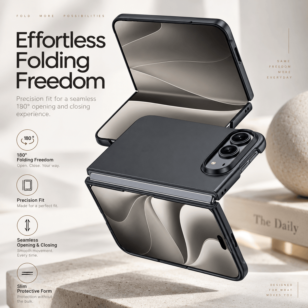A black folding smartphone case shown open and partially folded on a light beige surface, with marketing text on the left describing 'Effortless Folding Freedom' and feature callouts. No person or real environment is the main subject; this is a styled product graphic, so Product/Packaging fits better than Lifestyle.