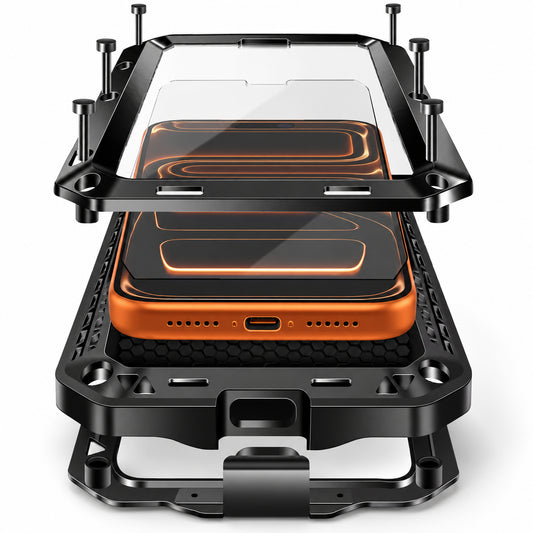 Image showing exploded Industrial Rugged Phone Case, featuring iphone heavy duty armor case with 360° full body shockproof & dust protection.