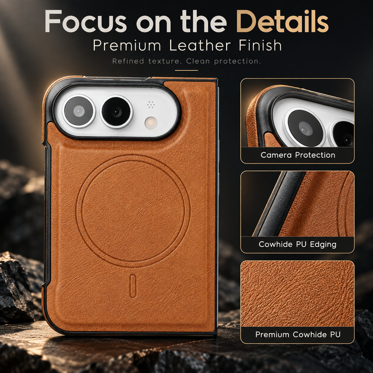 Image showing focusonthe Details, featuring iphone magnetic leather folding case with shockproof protection.