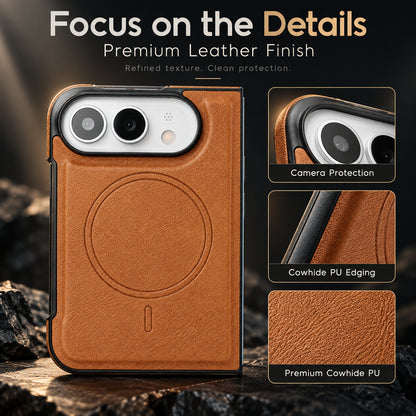 Image showing focusonthe Details, featuring iphone magnetic leather folding case with shockproof protection.
