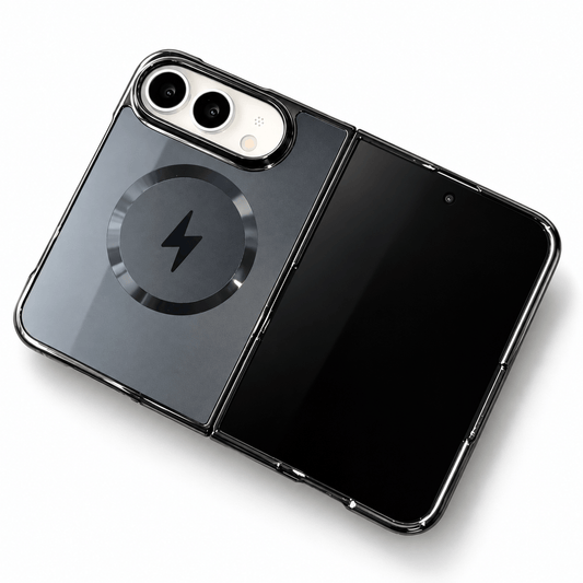 A black protective phone case with a transparent back panel, featuring a circular magnetic wireless charging symbol on the left and a slim metallic edge, shown on a white background.
