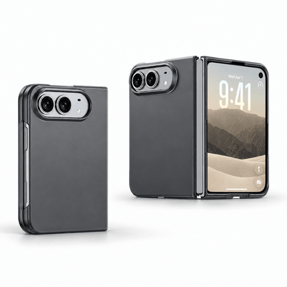 A dark gray protective case for a foldable smartphone, shown in two views: one closed and one open with a phone screen visible inside. The case has a matte finish with a raised camera cutout.