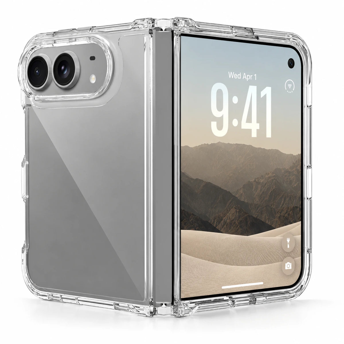 Image of iphone duo slim clear pc & tpu case, showing foldablesmartphoneinclearprotectivecase.