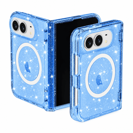 Two light blue glitter phone cases with a circular MagSafe ring, shown on a smartphone and a folded smartphone against a white background.