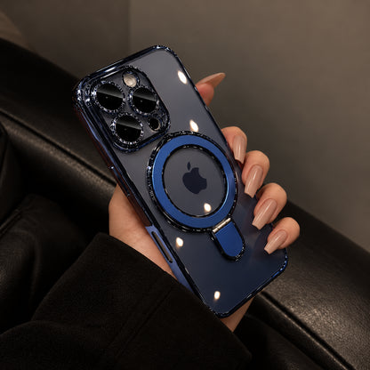 A hand holding a dark blue glossy magnetic phone case with a raised circular MagSafe ring and a small kickstand, shown against a dark leather seat background.