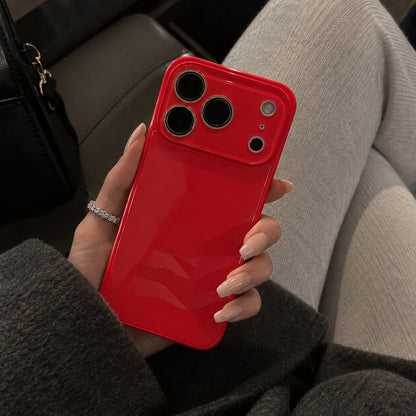 Image showing glossy Red Phone in Hand, featuring iphone slim shockproof case with tempered glass back & camera protection.