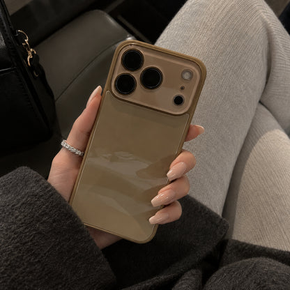 Image showing glossy Taupe Phone in Cozy Seat, featuring iphone slim shockproof case with tempered glass back & camera protection.