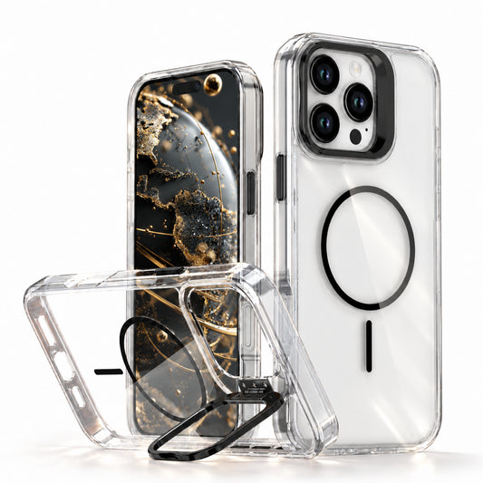 Clear protective phone case with a black MagSafe ring and kickstand, shown on a white phone with a gold-and-black wallpaper, against a clean white background.