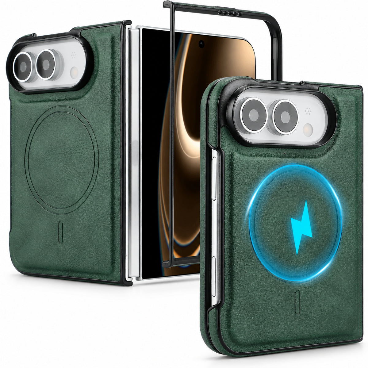 Image showing green Leather Foldable Phone Case, featuring iphone magnetic leather folding case with shockproof protection.