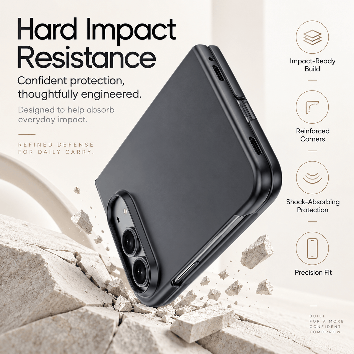A matte black smartphone case shown at an angle over broken concrete, with marketing text reading 'Hard Impact Resistance' and feature callouts on the right about impact build, reinforced corners, shock-absorbing protection, and precision fit.