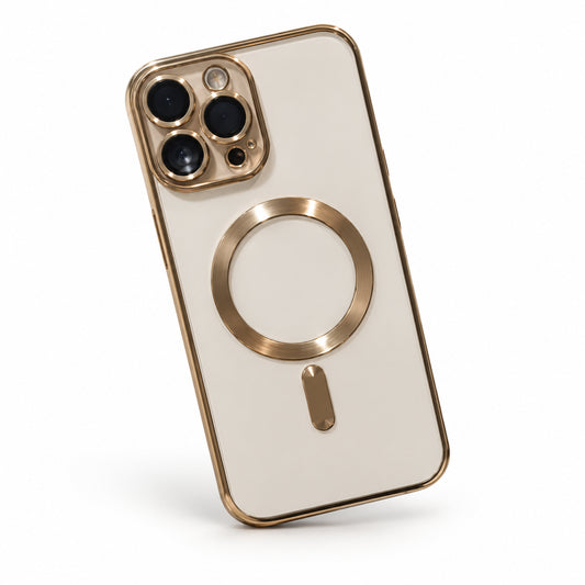A gold-toned magnetic phone case with a metallic gold bumper frame, shown on a white iPhone. The case features a large circular MagSafe ring and a small vertical magnetic tab on the back, photographed against a clean white background.