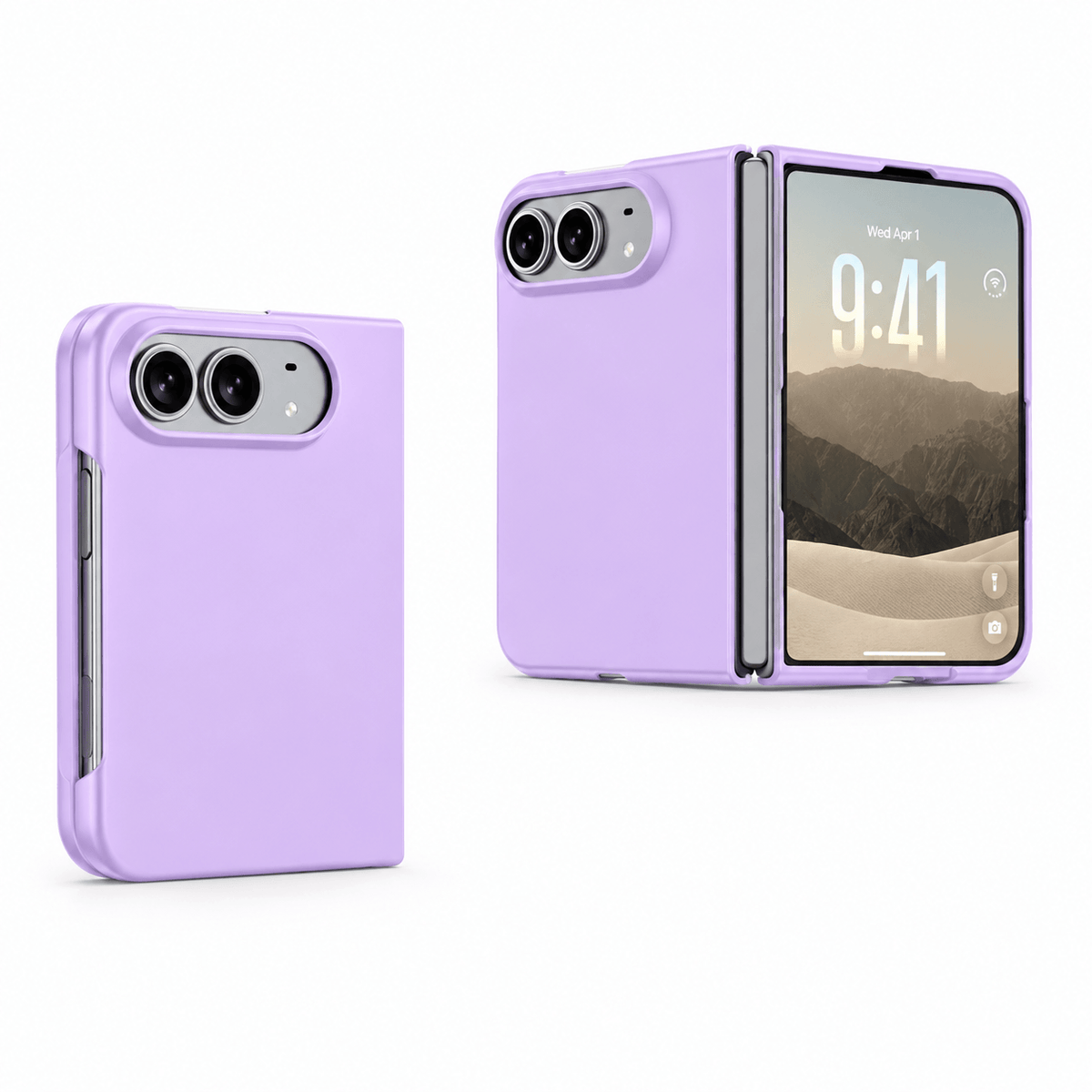 A lavender purple protective case for a folding smartphone, shown in two views: one closed and one open with the screen visible. The case has precise cutouts for the dual rear cameras and side buttons.
