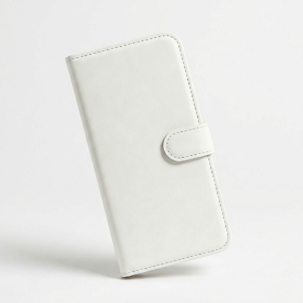 White leather-look wallet phone case standing upright at an angle, showing its plain stitched front cover and rounded closure tab.