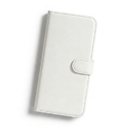 Closed white wallet phone case lying on a white surface, with perimeter stitching and a matching clasp tab across the right edge.