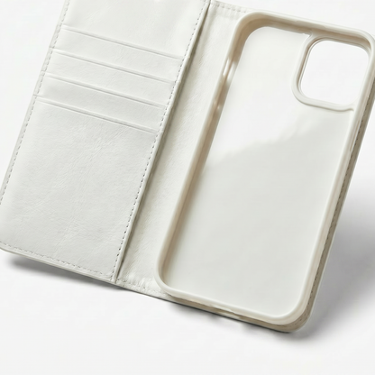 Open white wallet phone case reveals three card slots and a larger pocket on the left, and a cream phone shell with a square camera opening on the right.