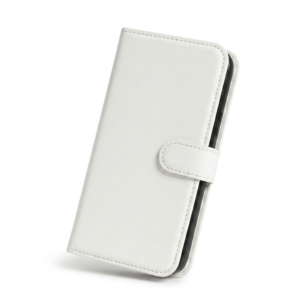 Closed cream-white wallet phone case standing at an angle, with stitched edges and a rounded clasp tab; the inner phone shell is visible along the side.
