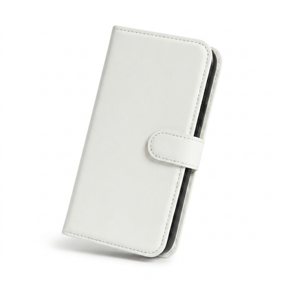 Closed cream-white wallet phone case standing at an angle, with stitched edges and a rounded clasp tab; the inner phone shell is visible along the side.