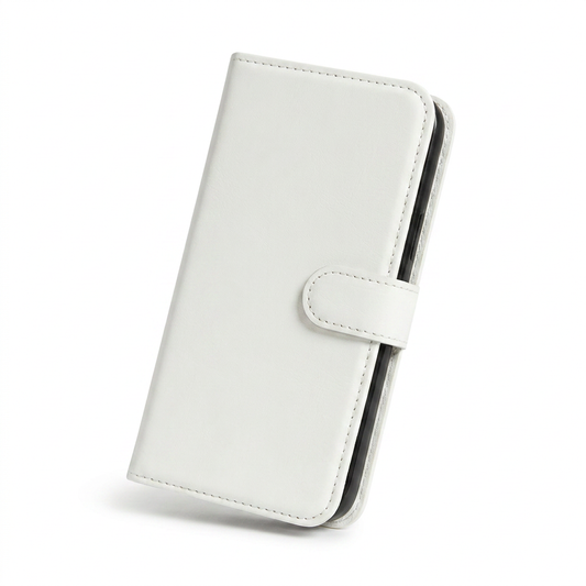 Closed cream-white wallet phone case standing at an angle, with stitched edges and a rounded clasp tab; the inner phone shell is visible along the side.