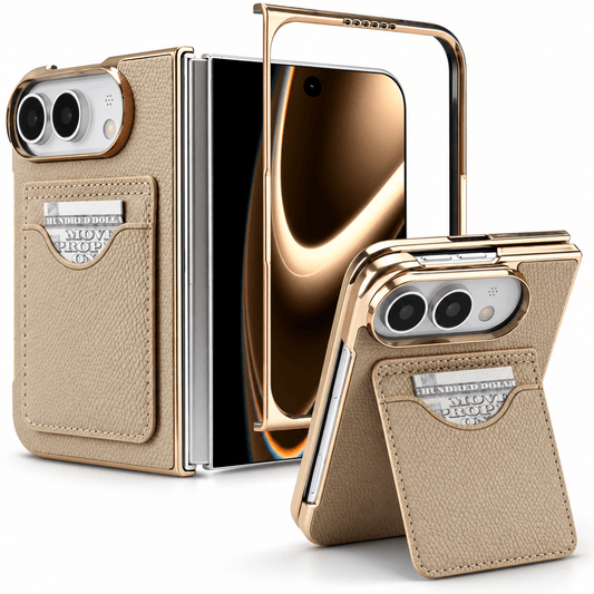 A beige textured leather folding phone case with a gold metallic frame, shown in multiple views on a white background. The case features a front card pocket with a silver-tone metal plate engraved with 'THE TREASURY LOAFS' and a rhinestone design.