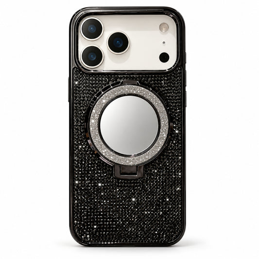 A black phone case covered in small silver rhinestones, featuring a circular mirror on a glittery ring and a built-in kickstand, shown on a white background.