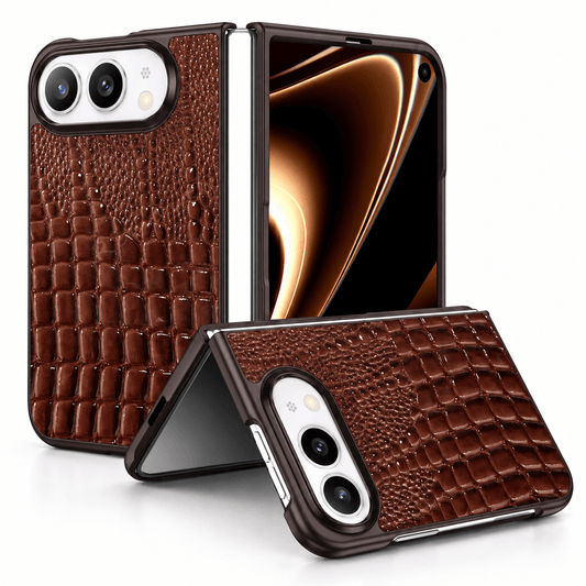 Three views of a brown crocodile-embossed phone case on a white background, including one case shown open with a smartphone inside and two cases shown closed from the back and side.