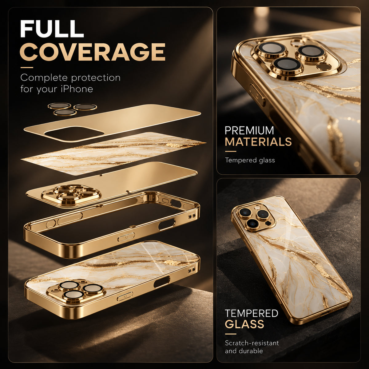 Image showing luxury Gold Marblei Phone Case Showcase, featuring iphone gold marble pattern tempered glass case with shockproof & scratch protection.