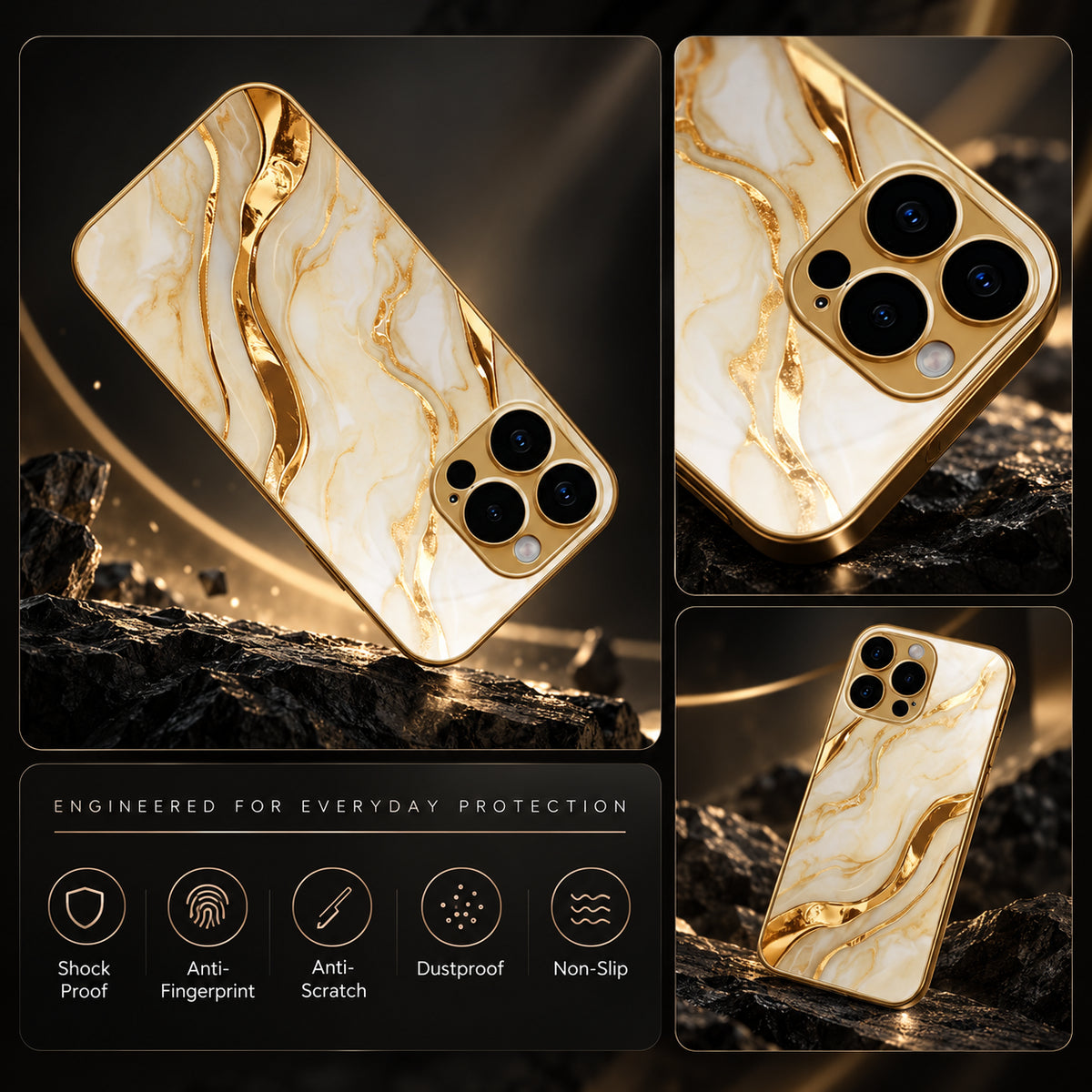 Image showing luxury Gold Marblei Phone Case Showcase 1, featuring iphone gold marble pattern tempered glass case with shockproof & scratch protection.