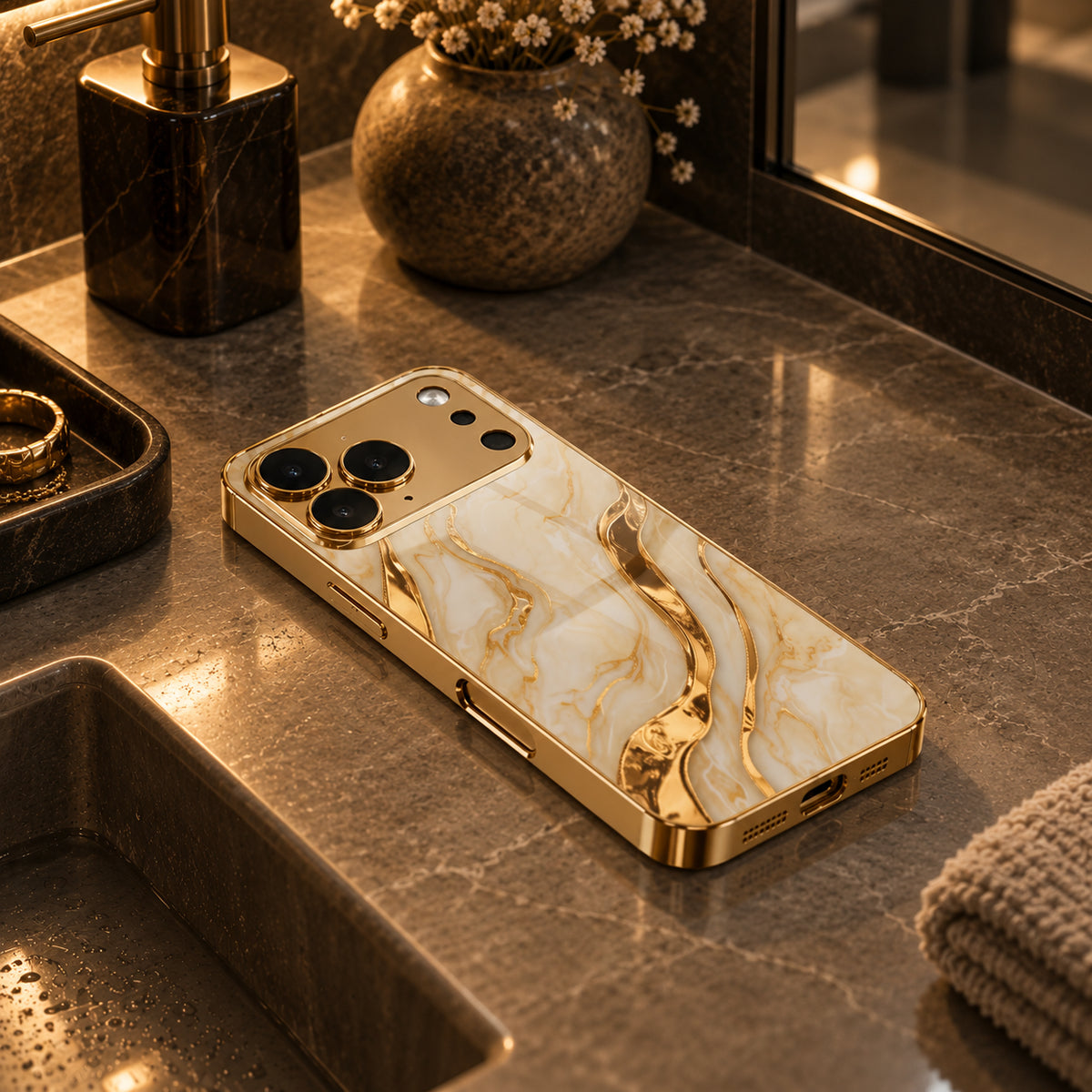 Image showing luxury Marble Gold Phone Vanity Still Life 1, featuring iphone gold marble pattern tempered glass case with shockproof & scratch protection.