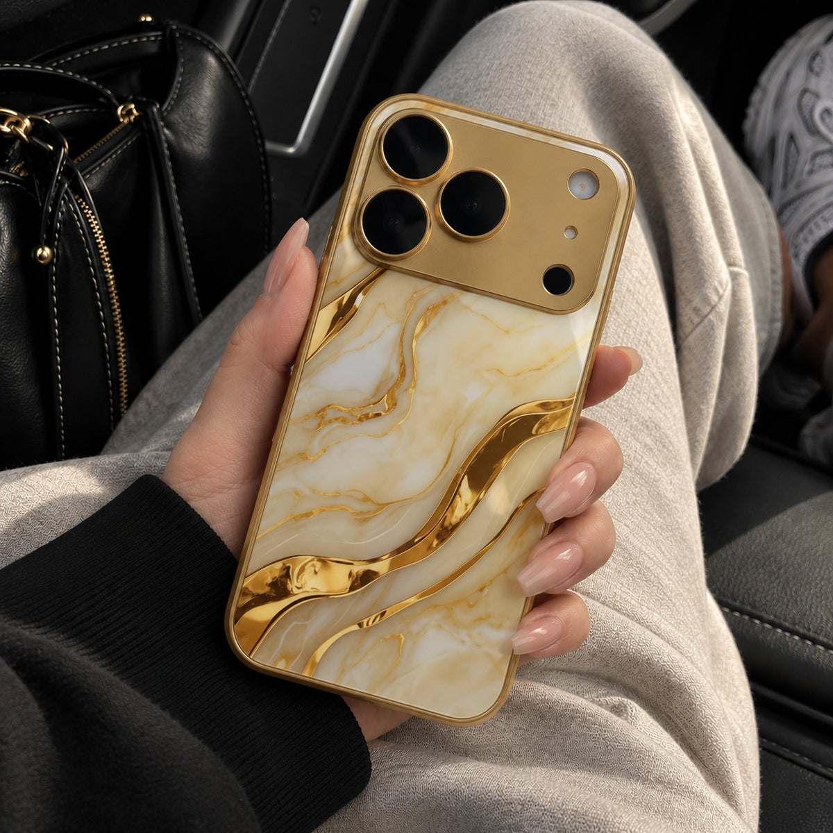 Image showing luxury Marble Phonein Car Interior, featuring iphone gold marble pattern tempered glass case with shockproof & scratch protection.