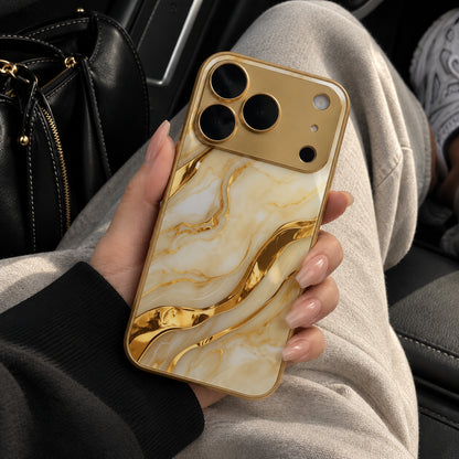 Image showing luxury Marble Phonein Car Interior, featuring iphone gold marble pattern tempered glass case with shockproof & scratch protection.