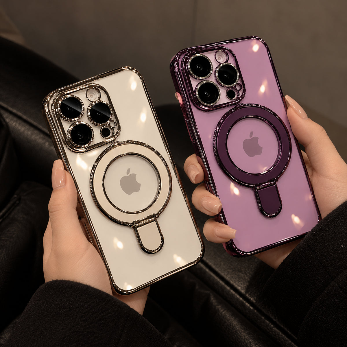 Two glossy magnetic phone cases held in hands, one in metallic silver and one in metallic purple, both with a circular ring stand design and camera cutouts.