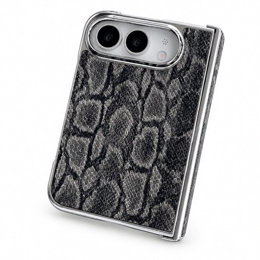A protective case for a folding smartphone, featuring a black and gray snakeskin pattern with a polished silver metallic frame.