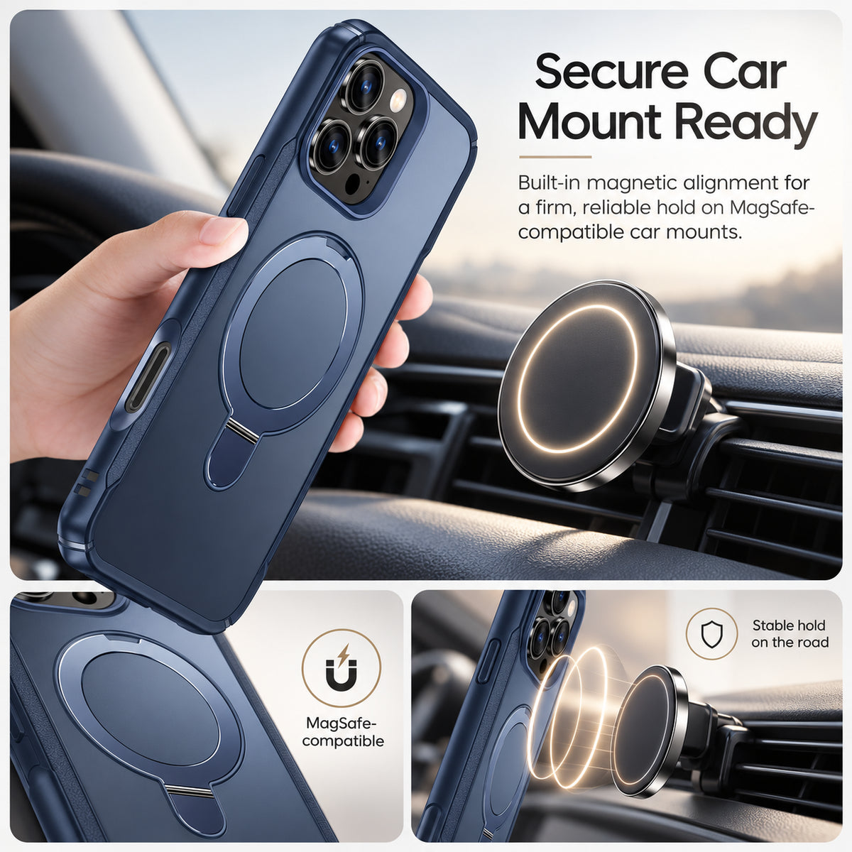 A dark blue magnetic car mount phone case shown in a hand and mounted on a car dashboard, with text and inset diagrams highlighting MagSafe compatibility and secure car mount readiness.