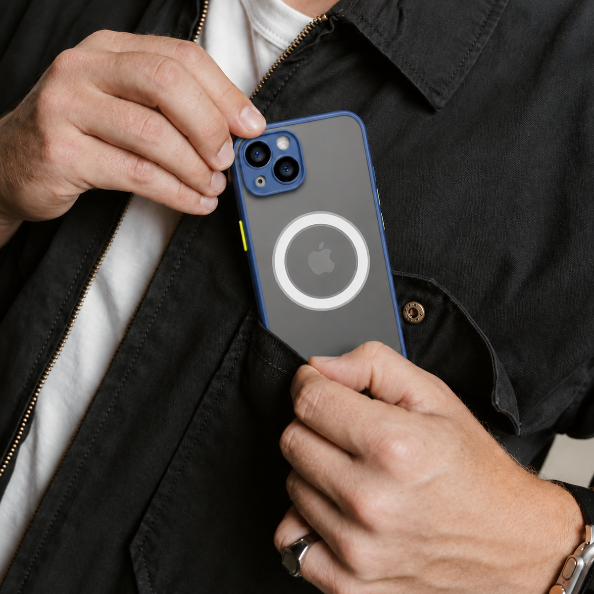 Image showing mag Safei Phonein Jacket Pocket, featuring iphone hard matte magsafe case with anti-fingerprint finish & slim protection.
