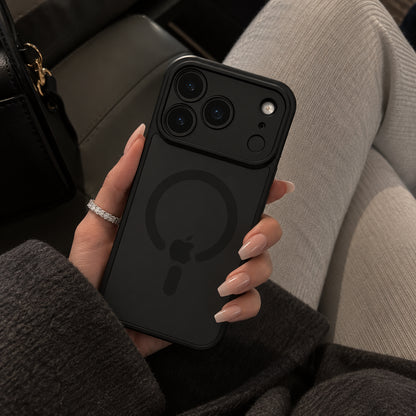 Image showing matte Blacki Phoneand Manicured Hand, featuring iphone matte translucent magsafe case with anti-fingerprint & scratch protection.