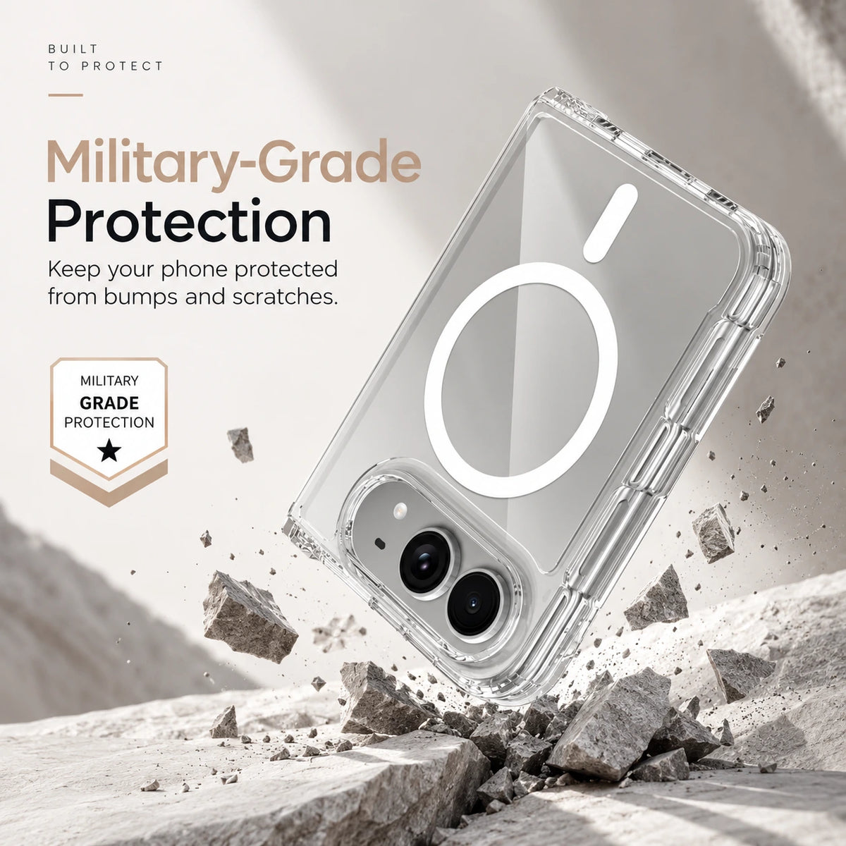Image of iphone duo slim clear pc & tpu case, showing military gradephoneprotectionad.